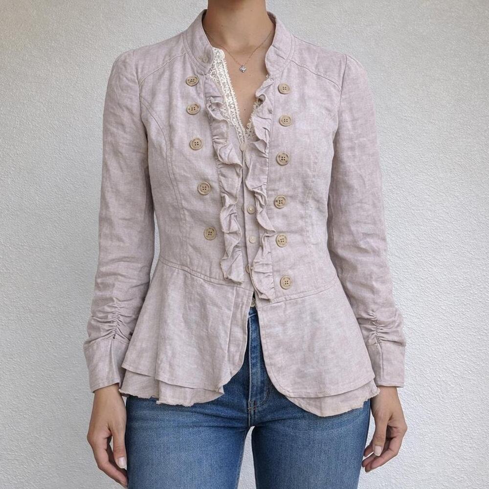 Vintage Y2K Linen Taupe Khaki Ruffle Blazer Jacket 2000s Lightweight Size S